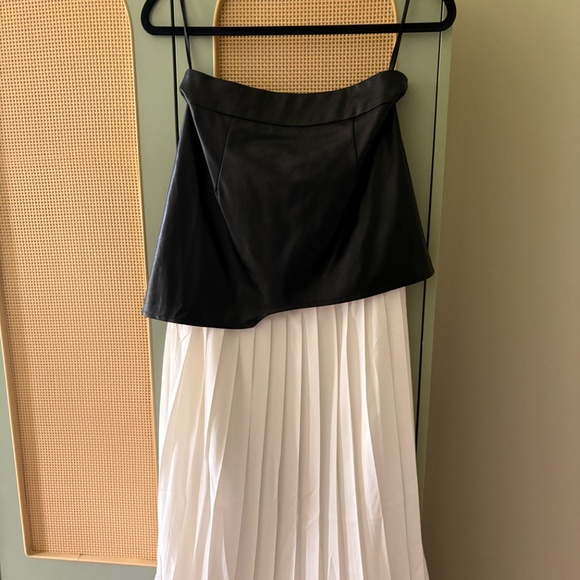 NWT Black White Asymmetric Patchwork Faux Leather Chiffon Pleated Midi Skirt - Picture 5 of 6